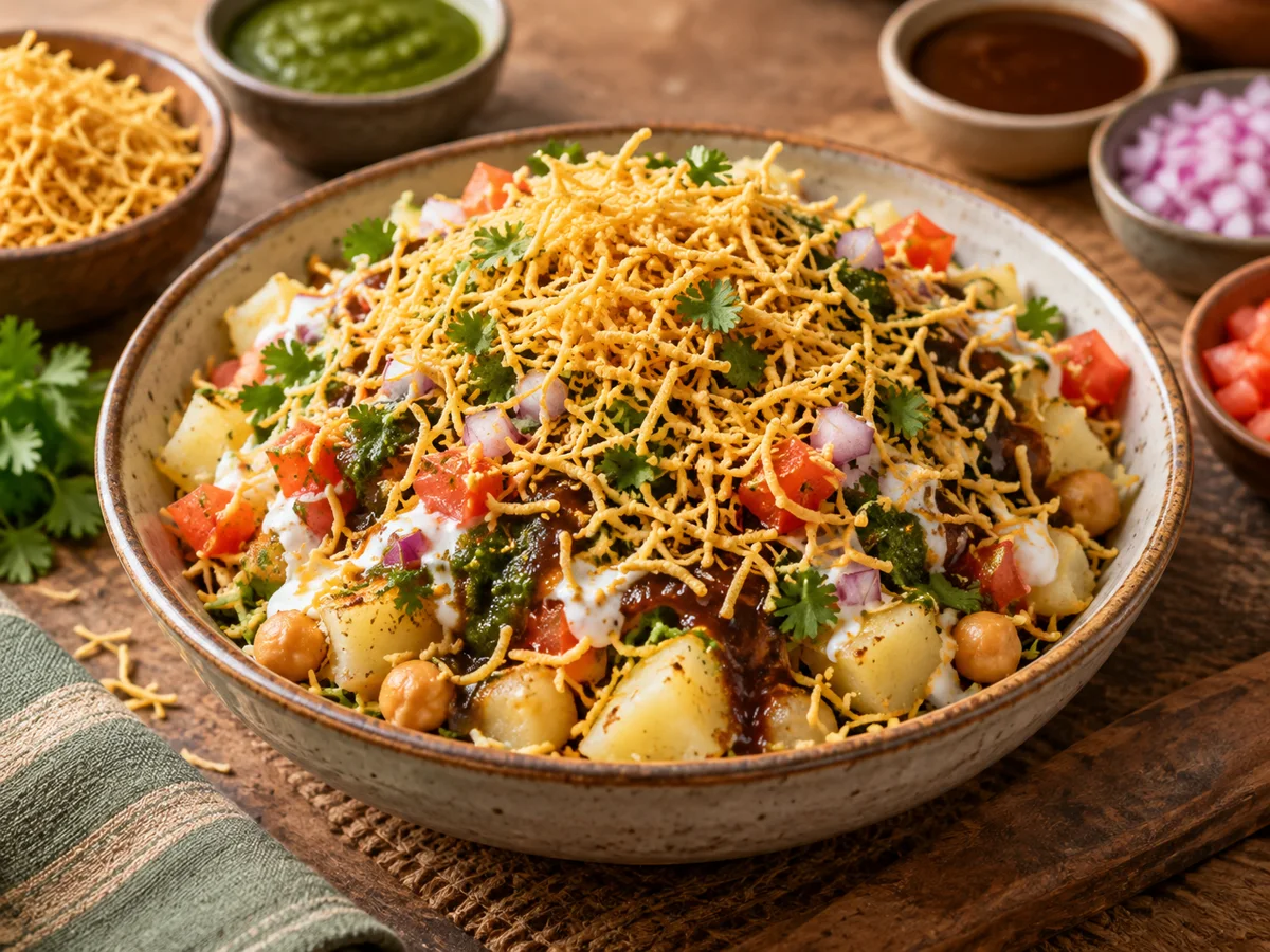Bhujia masala chaat with potatoes, chickpeas, chutneys and crisp bhujia