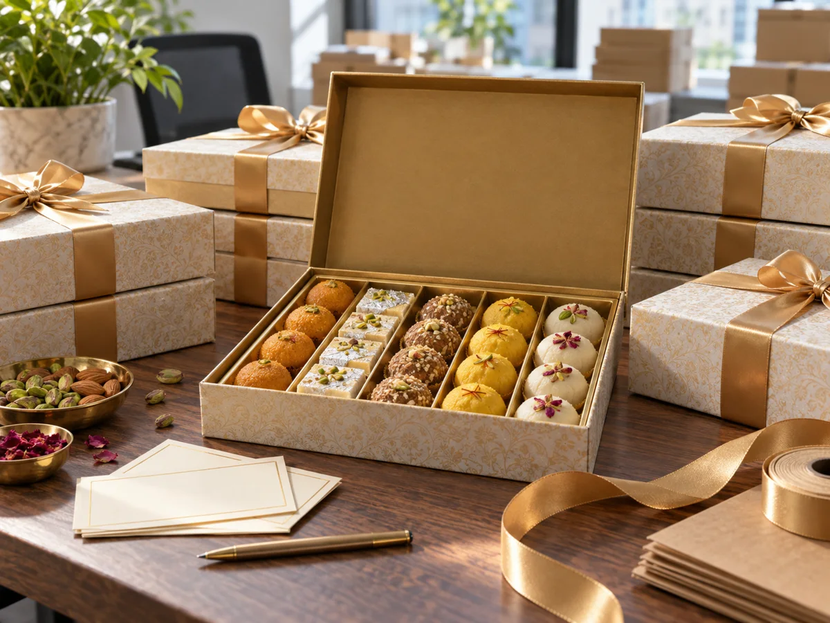 Rows of corporate gift boxes with an open assortment of mithai