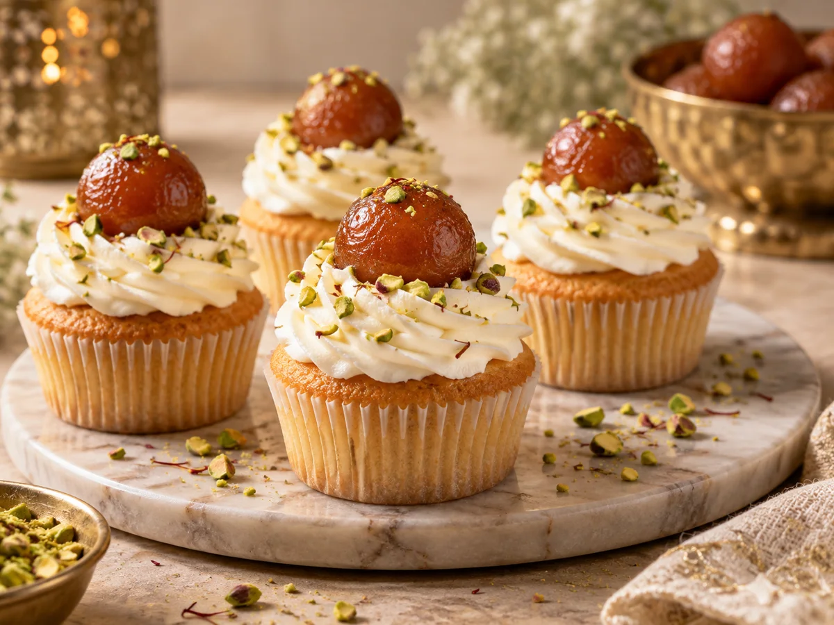 Gulab jamun cupcakes topped with cream and pistachios