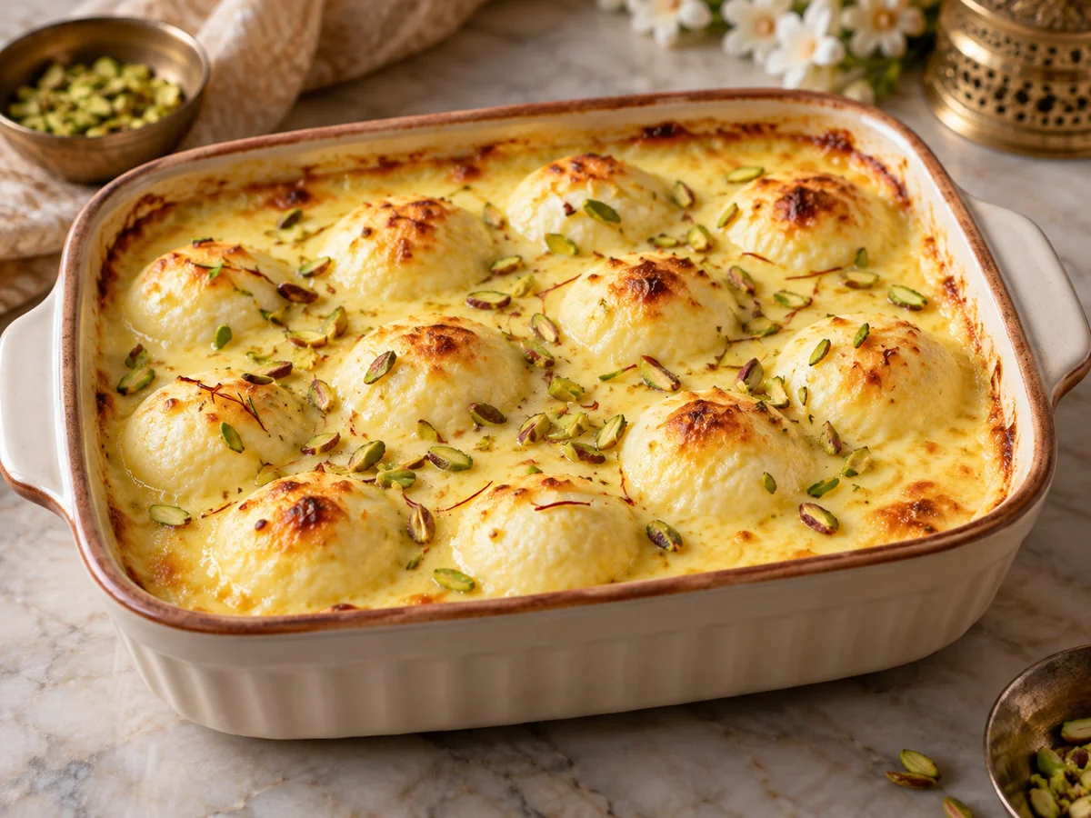 Baked rasgullas in golden custard topped with pistachios