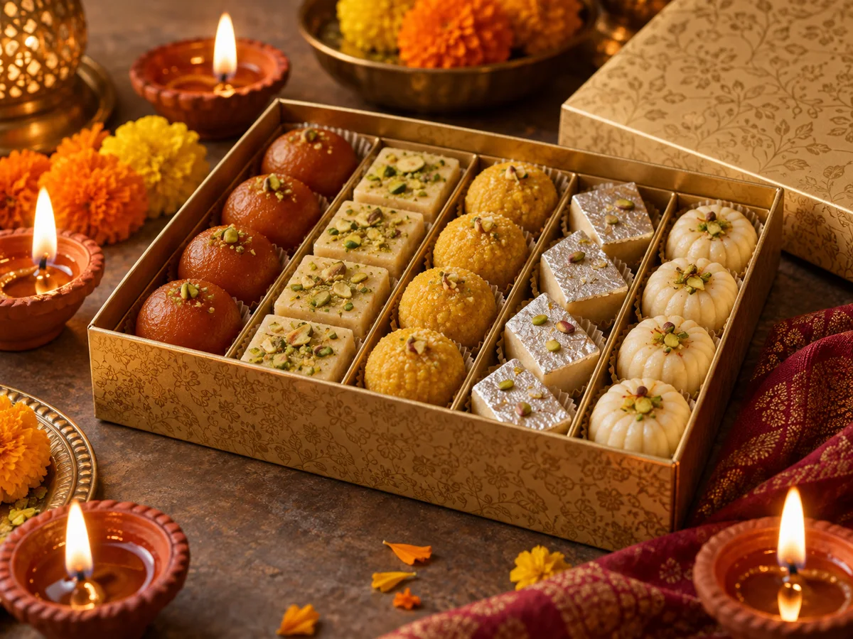 Diwali mithai gift box surrounded by glowing diyas and marigolds