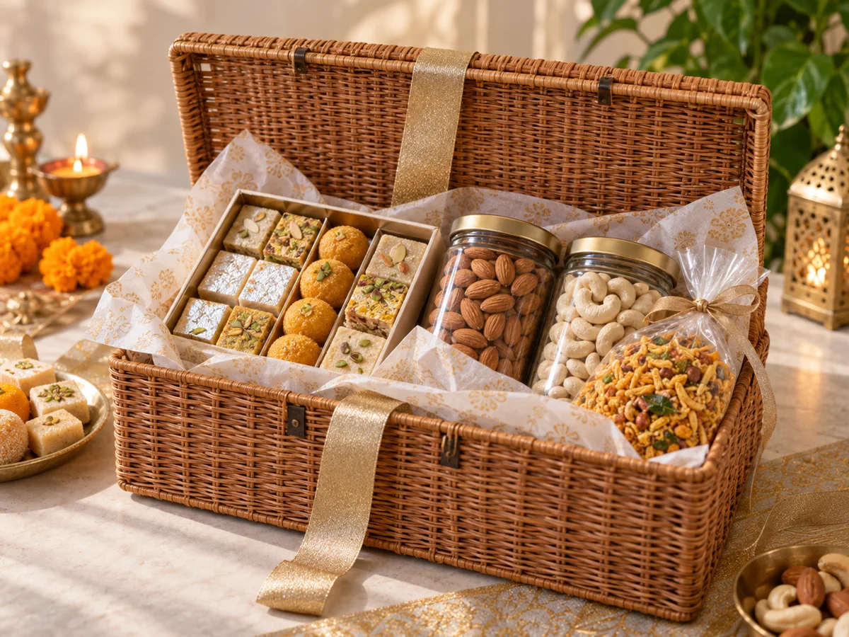 Festive hamper filled with mithai, dry fruits and namkeen