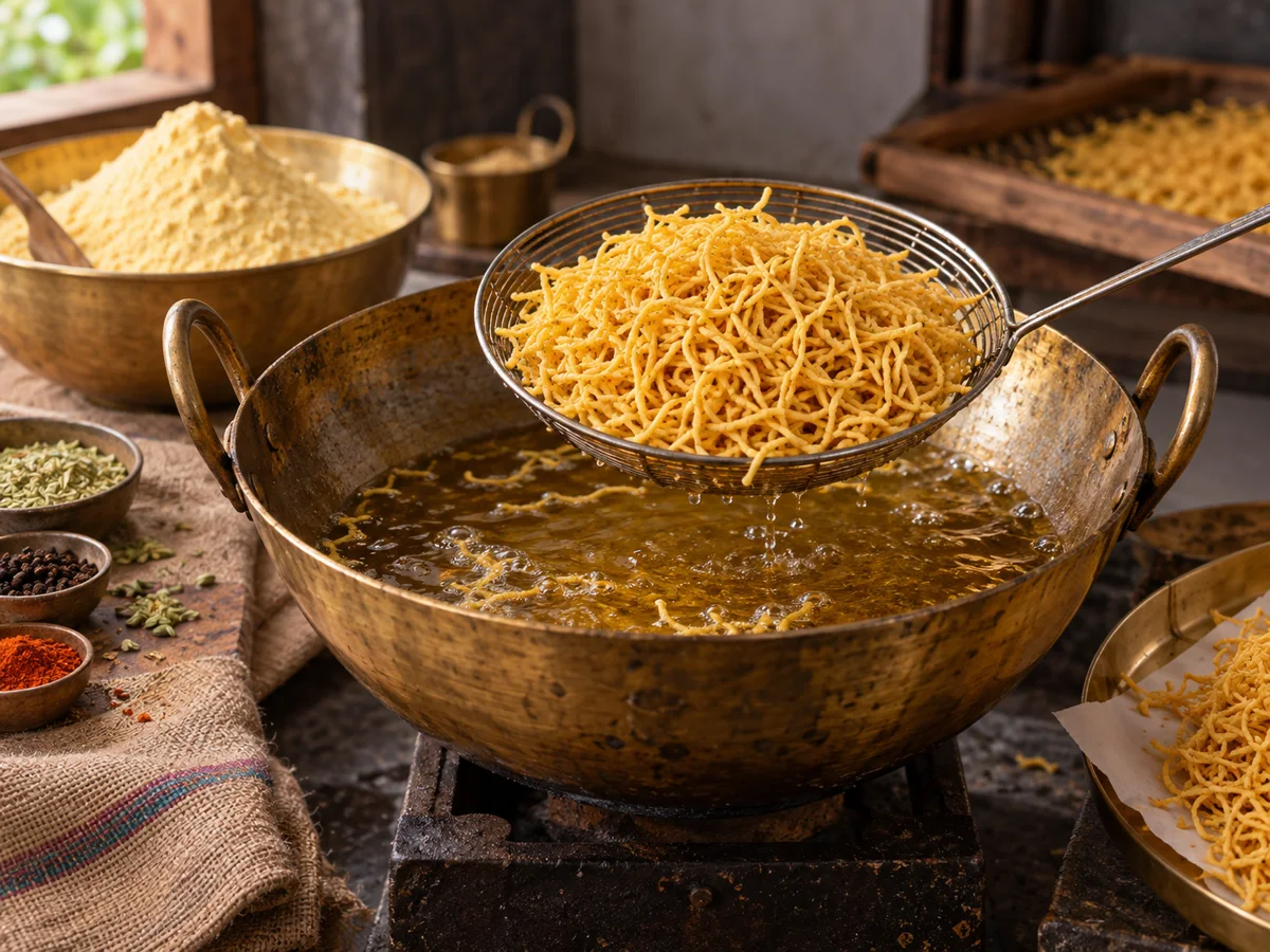 Traditional kadhai with freshly prepared bhujia