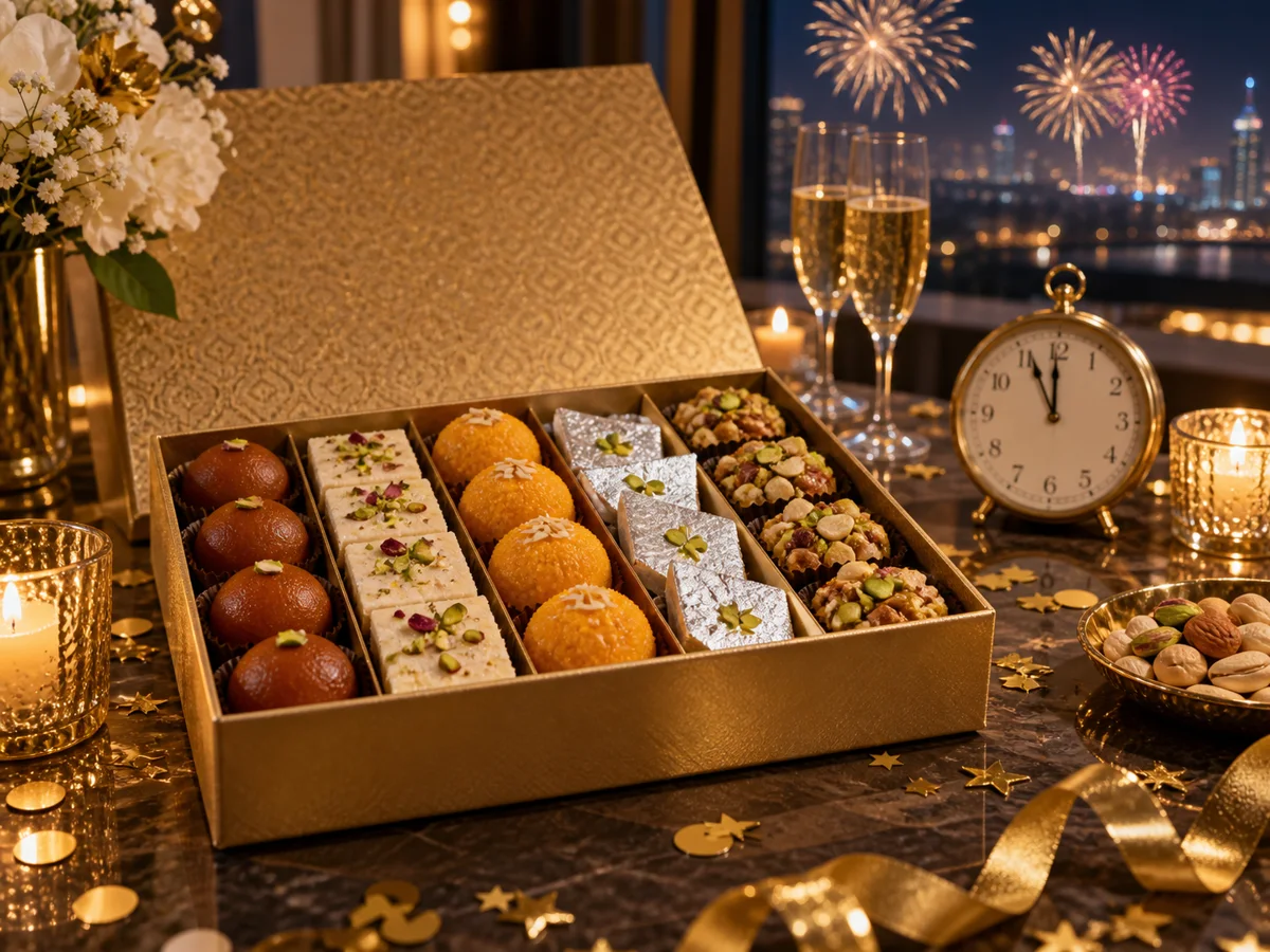 Mithai gift box with confetti, a midnight clock and New Year fireworks