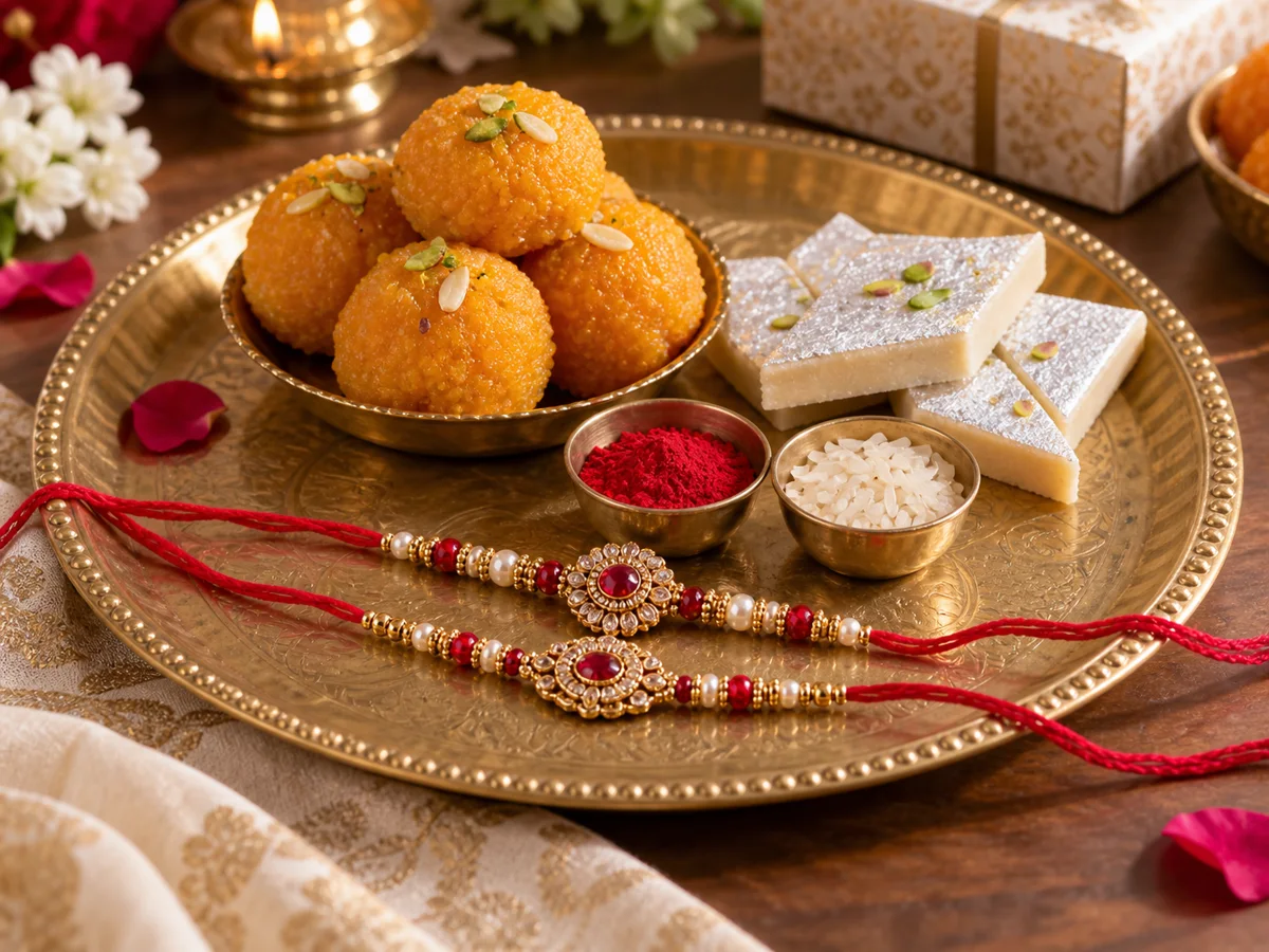 Raksha Bandhan thali with rakhis, roli, rice and Indian sweets