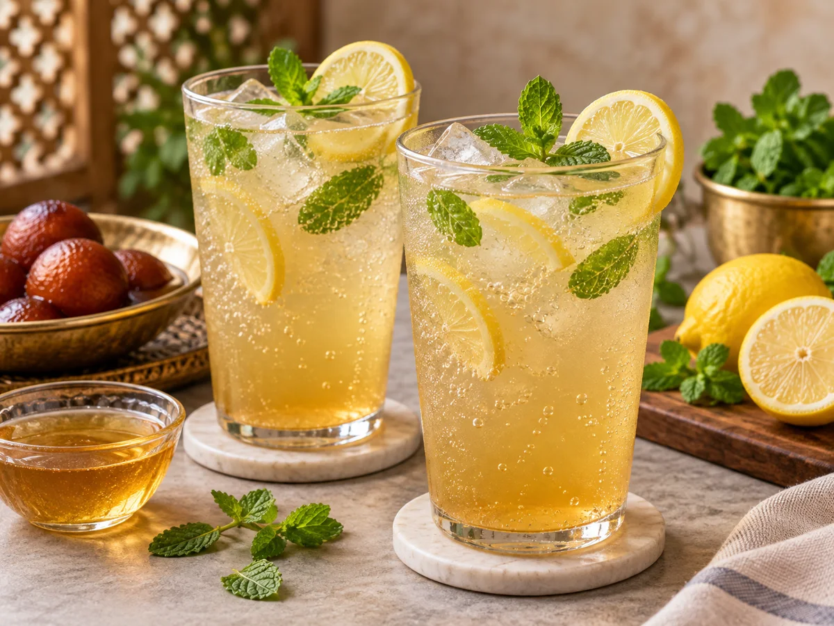Lemon shikanji with syrup, soda, mint and ice