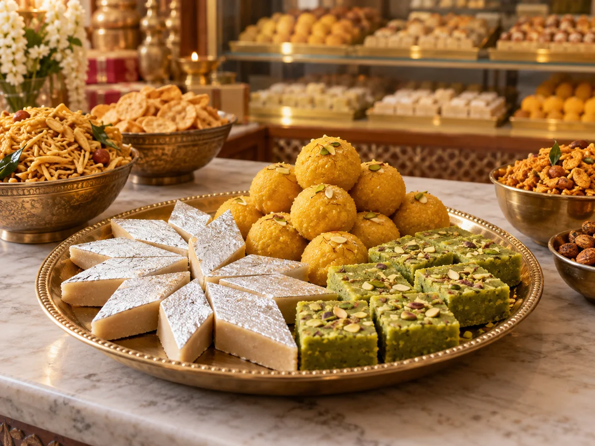Assorted kaju katli, ladoos, burfi and crisp namkeen
