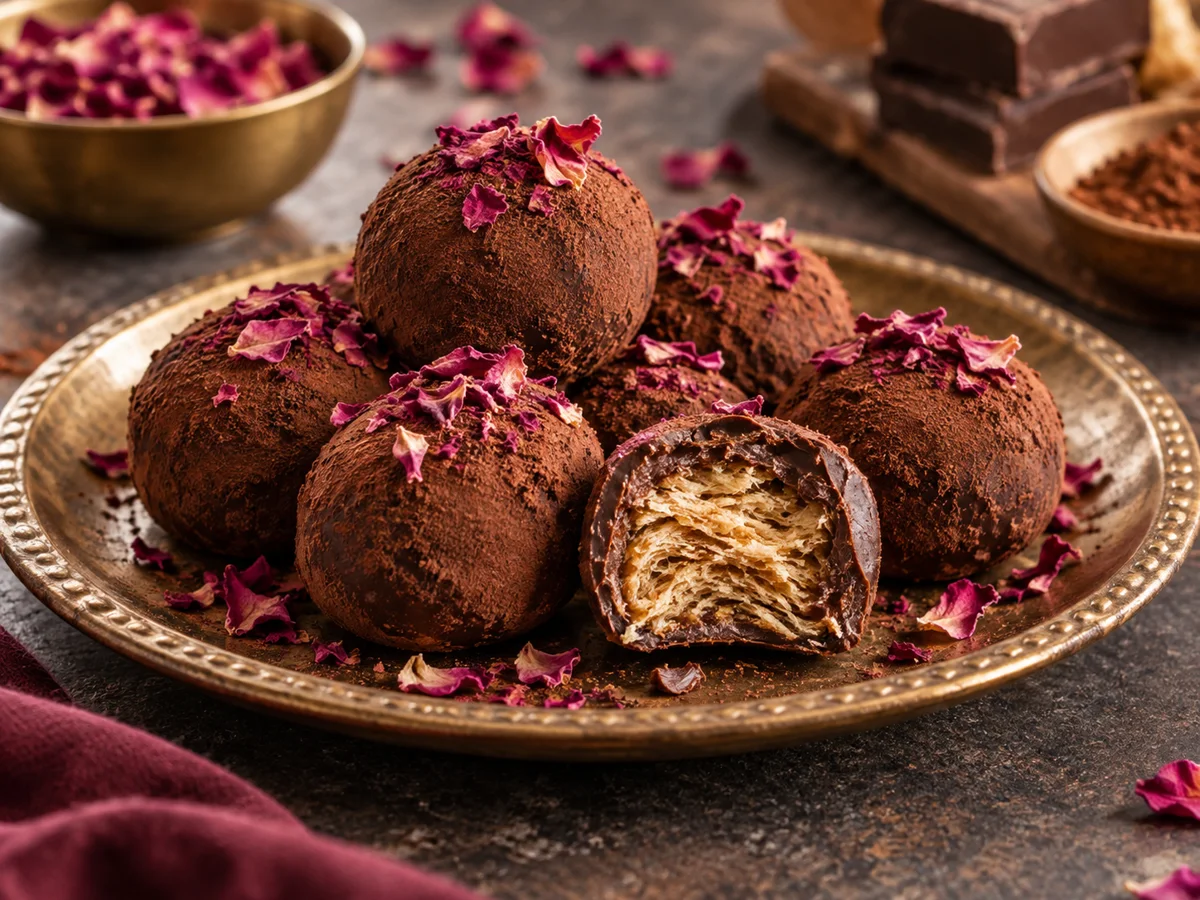 Chocolate soan papdi truffles with cocoa and rose petals