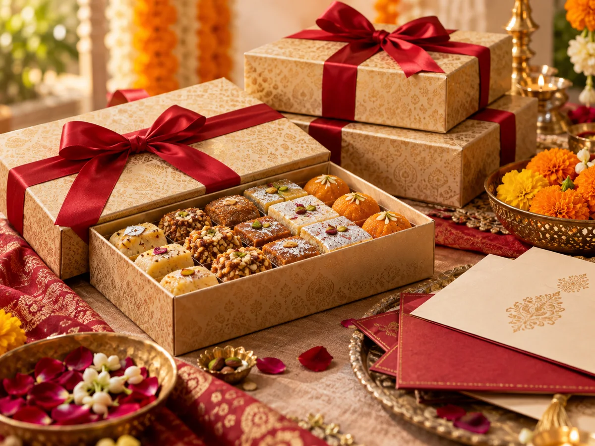 Ribbon-tied wedding mithai boxes with invitations and marigolds